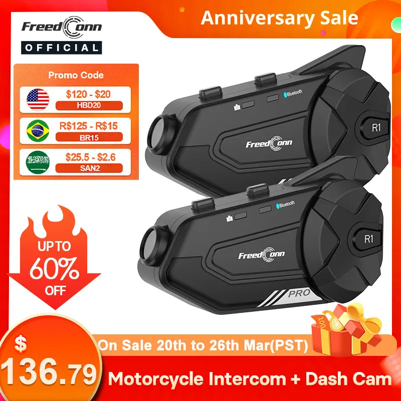 Freedconn R1 Pro Bluetooth Moto Interphone Casque Casque Groupe Haut-Parleur Casque WiFi App Moto Dash Cam Moto Auto Dvr