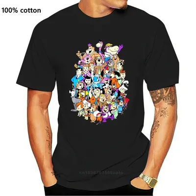T-shirt de dessin animé rétro au charbon de bois Hanna Barbera tir de groupe classique t-shirt en