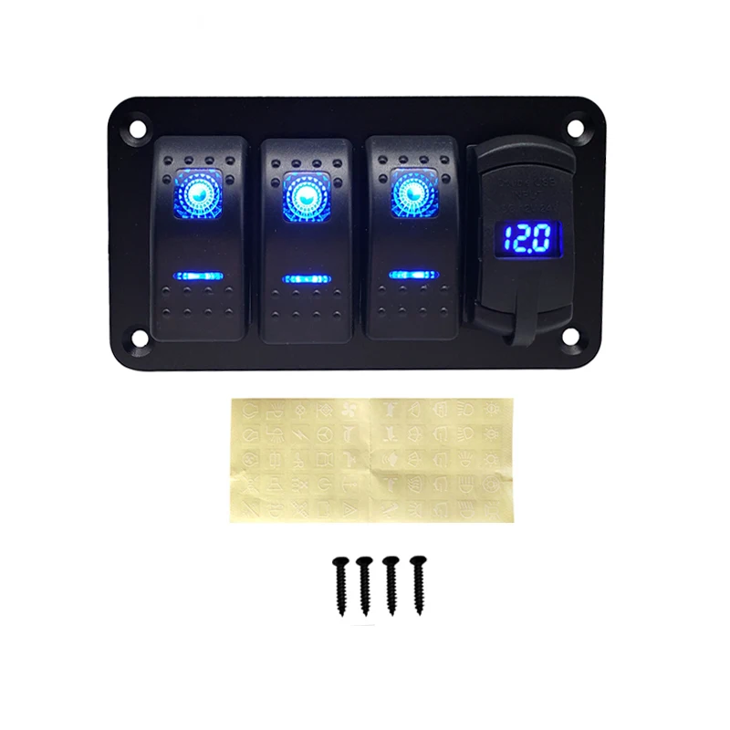Panneau d'interrupteurs à bascule pour voitures, contrôle de circuit, voltmètre numérique LED, disjoncteur de chargeur de port USB pour touristes, SUV, montres marines, 4 gangs, 12V, 24V