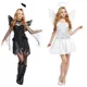 Costume de Cosplay d'Halloween avec Ailes de Plumes Demon Noir et Blanc Robe de Barrage Halo