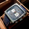 MEGIR – montre à cadran carré bleu pour hommes bracelet en cuir décontracté chronographe
