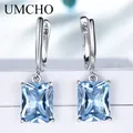 UMCHO-Boucles d'oreilles pendantes en topaze bleue pour femme argent regardé 925 véritable pierre