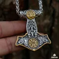 Collier avec boussole Double face en acier inoxydable pendentif loup Viking Thor marteau amulette