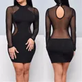 Robe crayon à manches longues pour femmes couleur unie transparente Sexy mode col tortue Slim