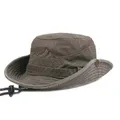 Men Bucket Cap with Adjustable Strap Letters Embroidery Pattern Fisherman Hat Hollow Out Cowboy Cap