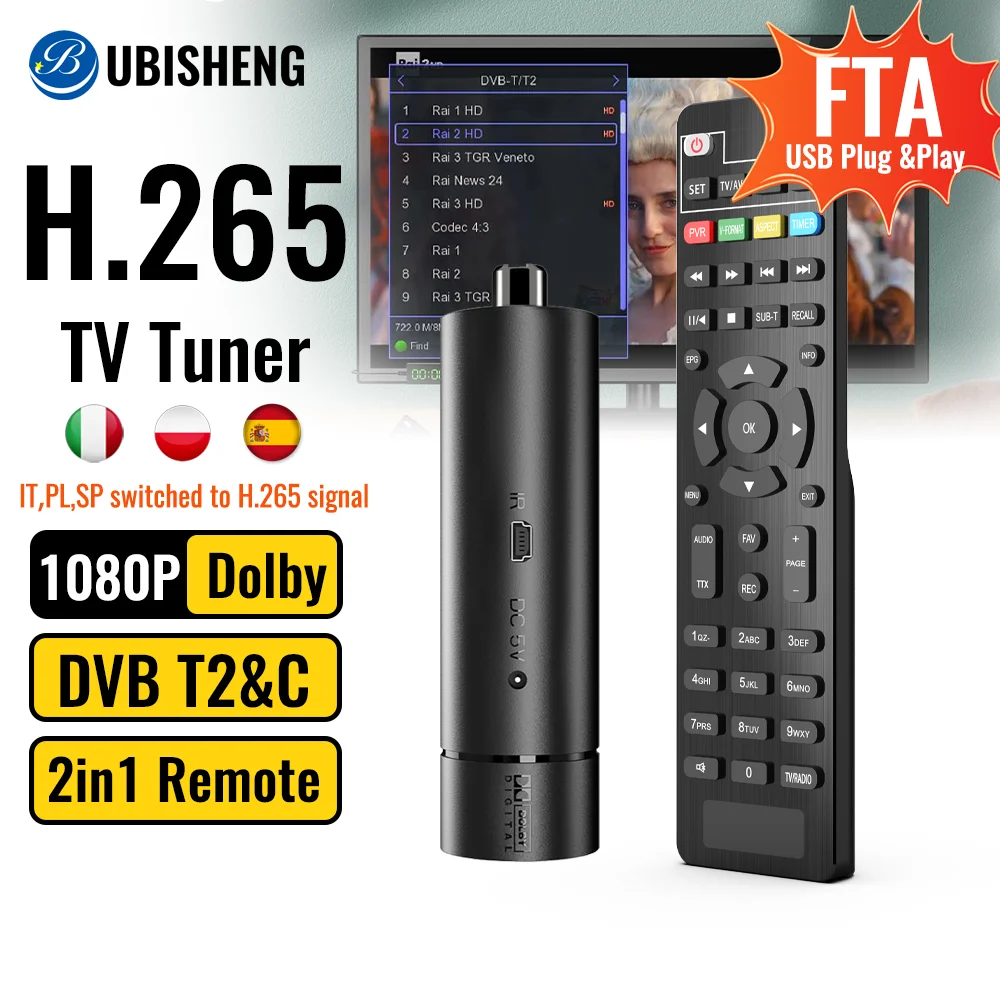 U. ENG-Décodeur TV DVBT2/DVB C, HEVC, 10 bits, Dolby HD, tuner T2, récepteur numérique débar, PVR, WiFi, boîtier TV à distance 2 en 1