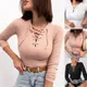 T-shirt manches longues col en V pour femme Simple tricoté taille nouée