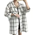 Chemise longue d'été pour femmes ample épaules tombantes manches longues revers Plaid poche