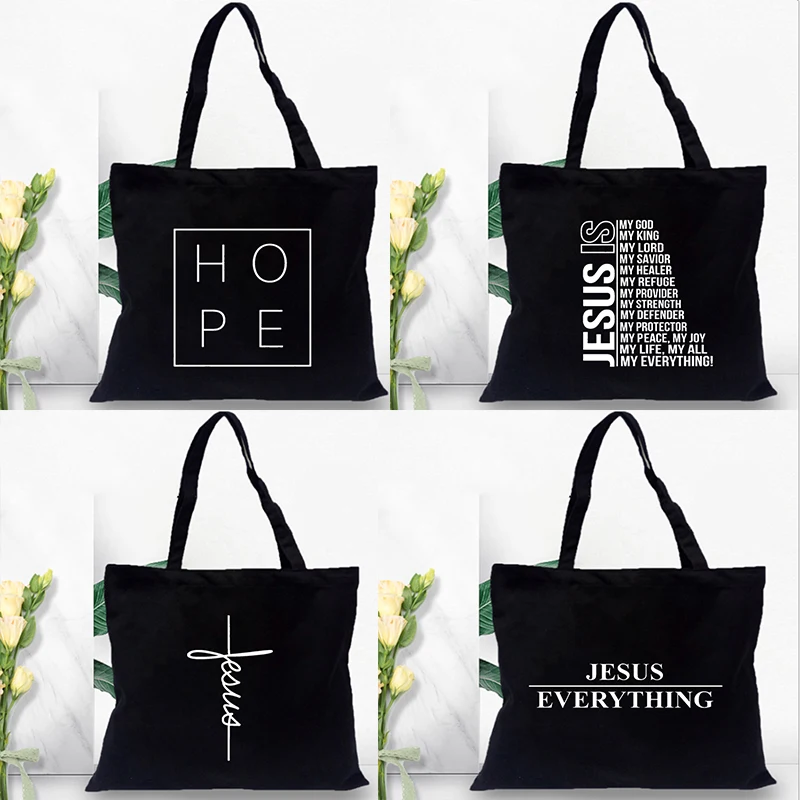 Mode femmes sac à provisions toile fourre-tout jésus est mon dieu imprimer sac à bandoulière pliable Eco réutilisable chrétien femme Shopper sac à main