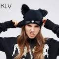 Chapeau tricoté en acrylique avec oreilles de chat pour femme bonnet chaud d'hiver en fourrure au