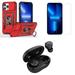 Accessories Bundle Pack for iPhone 14 Pro Case - Rugged Camera Protection Stand Cover (Red) Screen Protectors Premium Wireless Earbuds TWS with Charging Case