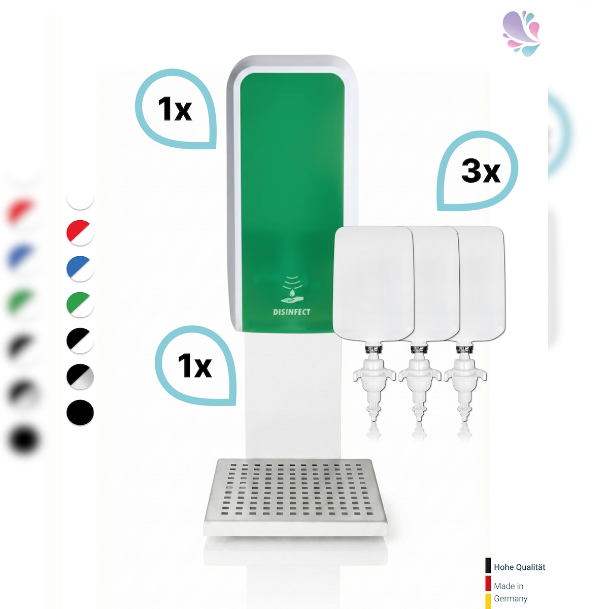 Blanc HYGIENIC SET: Desinfektionsspender SENSOR Blanc Cosmos versch. Farben + Tischständer weiß +3x 1-Liter Hautdesinfektion : Farbe - Grün / Weiß Image