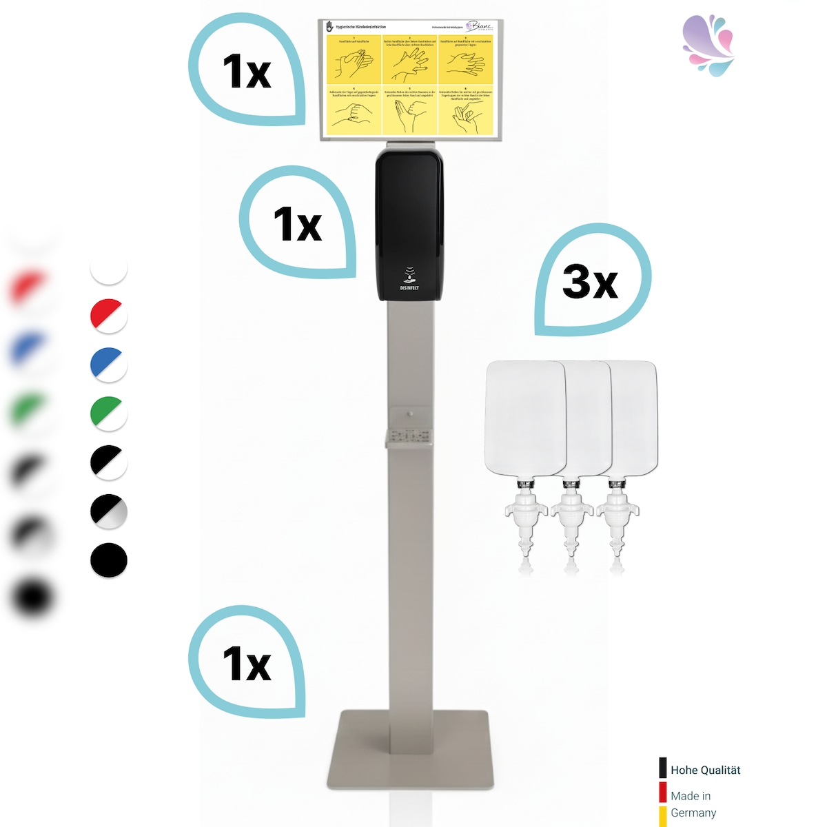 Blanc HYGIENIC SET: Desinfektionsspender SENSOR Cosmos +Bodenständer Edelstahl +Infotafel +3x 1-Liter Hautdesinfektion +prof. Hygieneplan Image