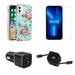 Accessories Bundle Pack for iPhone 13 Pro Max Case - Heavy Duty Case (Pretty Floral Teal) Screen Protectors 30W Dual Car Charger Retractable USB C to Lightning Cable