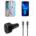 Accessories Bundle Pack for iPhone 14 Case - Heavy Duty Case (Purple Bliss Flowers on Aqua) Screen Protectors 48W PD Car Charger USB-C to MFI Certified Lightning Cable