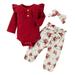 Baby Girls Clothes Ribbed Ruffle Sleeves Romper Tops Floral Pants With Headband Toddler Outfits Set Girls Size 4 Clothes Skirt Set for Girls Baby Girl Clothes 6-12 Months Girls Outfit Baby