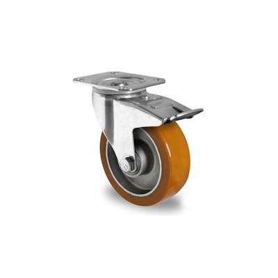 Lenkrolle, ø 125 mm mit Feststeller, innen Aluminium, außen PU braun Image