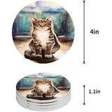 KXMDXA Cat Art Print Set of 6 Round Coaster for Drinks Absorbent Ceramic Stone Coasters Cup Mat with Cork Base for Home Kitchen Room Coffee Table Bar Decor