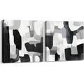 Ivy Bronx Black & White Abstract Hand-Painted Wall Art Dec 2 Piece Wrapped Canvas Painting Set Canvas in Black/Gray/White | Wayfair