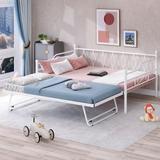 Metal Daybed with Twin Size Adjustable Trundle, Heavy-Duty Steel Bedframe with Portable Folding Trundle, Metal Slat Support