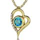 Gold Plated Silver I Love You Necklace in 12 Languages Romantic Heart Pendant with Cubic Zirconia Gemstones Inscribed in 24ct Gold Including Sign Language onto a Blue Crystal, 18" Rolo Chain