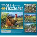 Bits and Pieces - Multipack of Four (4) 4-in-1 1000 Piece Jigsaw Puzzles for Adults - Puzzles Measure 20" x 27" - 1000 pc Cat Puppy Rooster Family Summer Garden Birds Jigsaws by Artist Oleg Gavrilov