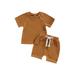 Diconna Baby Boys Girls Summer Outfits Short Sleeve Waffle Knit T-Shirt + Knot Front Shorts Kids Clothing Set Caramel 12-18 Months