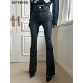 BGTEEVER-Pantalon Vintage en Denim pour Femme Slim Long Évasé Décontracté Taille Haute Bouton