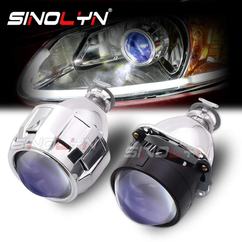 Sinolyn Lentilles De Projecteur HD Bleues Bi Xénon De 2,5 Pouces Pour Phares H7 H4 Auto H1 HID Phares Accessoires De Voiture Motos Tuning Projecteur de voiture xénon H1 accessoire voiture projie bi
