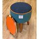 End Table, Navy and Green Harris Tweed with Vibrant Orange Piping and Removable Wooden Top