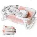 Collapsible Baby Bath Foldable Tub Bathtub Newborn with Seat Support Cushion & Stand Folding Baths for Toddler 0-6 Months Foam Pillow Travel Portable Infant Tubs Soft Bathing Insert Pad Kids Pink