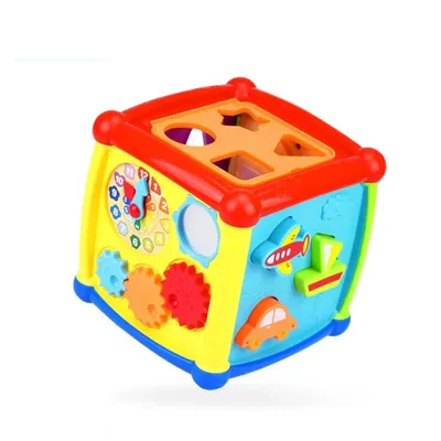 Boîte à jouets musicaux multifonctions pour bébés Cube d'activités musicales horloge blocs