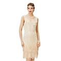 BABEYOND Damen Kleid Retro 1920er Stil Flapper Kleider mit Zwei Schichten Troddel V Ausschnitt Great Gatsby Motto Party Kleider Damen Kostüm Kleid (Beige, XXXL)