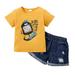 Kucnuzki 3T Toddler Boy Summer Outfits Shorts Sets 4T Short Sleeve Cool Monster Prints Cozy T-Shirt Tops Elastic Ripped Denim Shorts 2PCS Set Yellow