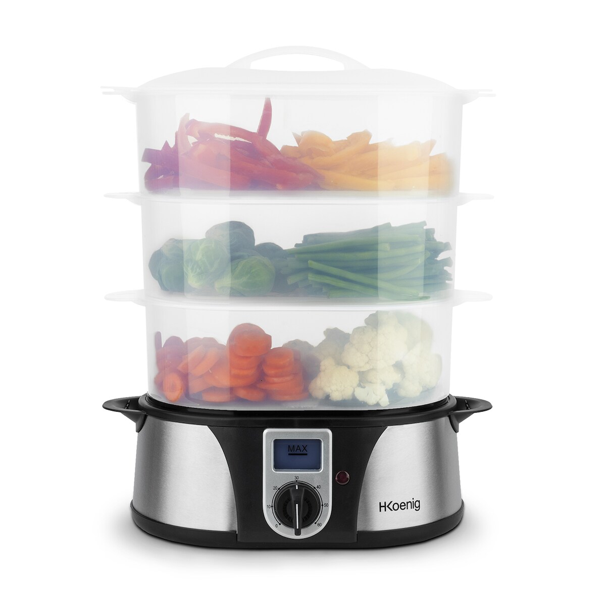 H.Koenig VAP12 Dampfgarer / 3 Garschüssel / 12 L Fassungsvermögen / Timer / 1000 W / LCD-Anzeige / Edelstahl / schwarz Image