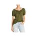 STATUS BY CHENAULT Womens Green Stretch Ruffled Pleated Scalloped Ruched Pouf Sleeve Sweetheart Neckline Top L