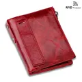 Portefeuille en cuir véritable pour femmes et hommes porte-monnaie rouge court avec blocage RFID