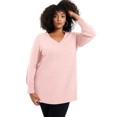 Plus Size Women's V-Neck French Terry Sweatshirt by June+Vie in Soft Blush Tie Dye Bouquet (Size 26/28)
