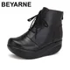 BEYARNE-Bottes à lacets en cuir véritable pour femmes chaussures d'hiver noires compensées
