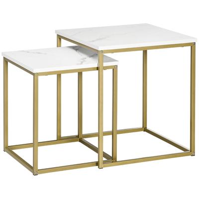 Lot de 2 tables gigognes art déco acier doré aspect marbre blanc