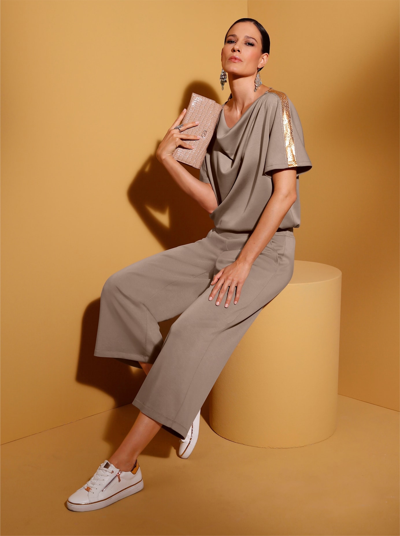 Sweatshirt CREATION L, Damen, Gr. 38, rosa (taupe, bronzefarben, bedruckt), 50% Modal, 44% Polyester, 6% Elasthan, gemustert, unifarben, Wasserfallausschnitt, Sweatshirts Sweatshirt