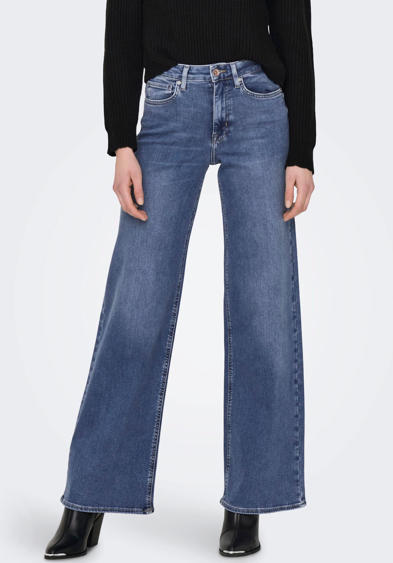 High-waist-Jeans ONLY "ONLMADISON BLUSH HW WIDE DNM CRO372 NOOS", Damen, Gr. M (38), Länge 30, blau (medium blau denim), Denim/Jeans, Obermaterial: 92% Baumwolle, 6% Elastomultiester, 2% Elasthan, Jeans High-Waist-Jeans, Topseller