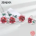 ZDADAN 925 argent Sterling fleurs goutte d'eau rubis anneau boucles d'oreilles collier ensemble pour