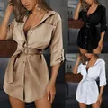 Mini robe courte en coton et lin pour femmes col en v taille haute avec ceinture tenue de bureau