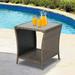 Kinbor Patio Wicker Side Table Outdoor Square Tempered Glass Top with Storage Brown