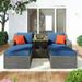 Patio Furniture Sets 3-Piece Patio Wicker Sofa with Cushions Pillows Ottomans and Lift Top Coffee Table Blue