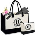 BeeGreen Reusable Canvas Tote Bag for Women Initial Monogram Embroidery Tote Bag w Makeup Bag & Inner Zipper Pocket Personalized Gifts for Christmas Friend Birthday Teacher Mother Bridesmaid Letter H