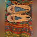 American Eagle Outfitters Shoes | American Eagle Size 7 Moccasin Flats With Beaded Floral Design | Color: Tan | Size: 7