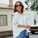 Women Hollow Out Lace Crochet Half Sleeve T Shirts Square Collar Pleated Front Blouse Solid Color