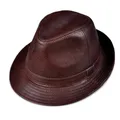 Chapeau haut de forme en cuir véritable pour homme peau de vache bord court noir marron jazz